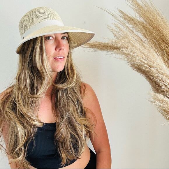 VINTAGE NORDSTROM Cream Tan Straw Wide Visor Brim White Bow Tie Ribbon Sun Hat - Picture 3 of 10